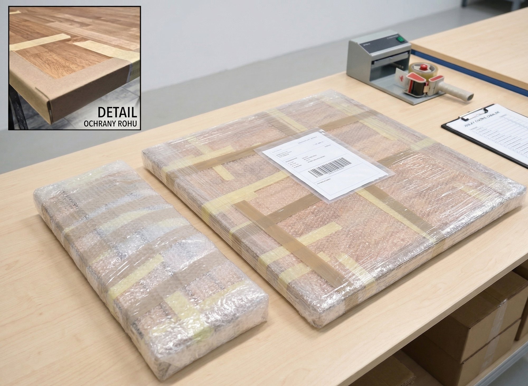 Balení stolu — deska a nohy ve dvou balíkách s detailem ochrany rohu