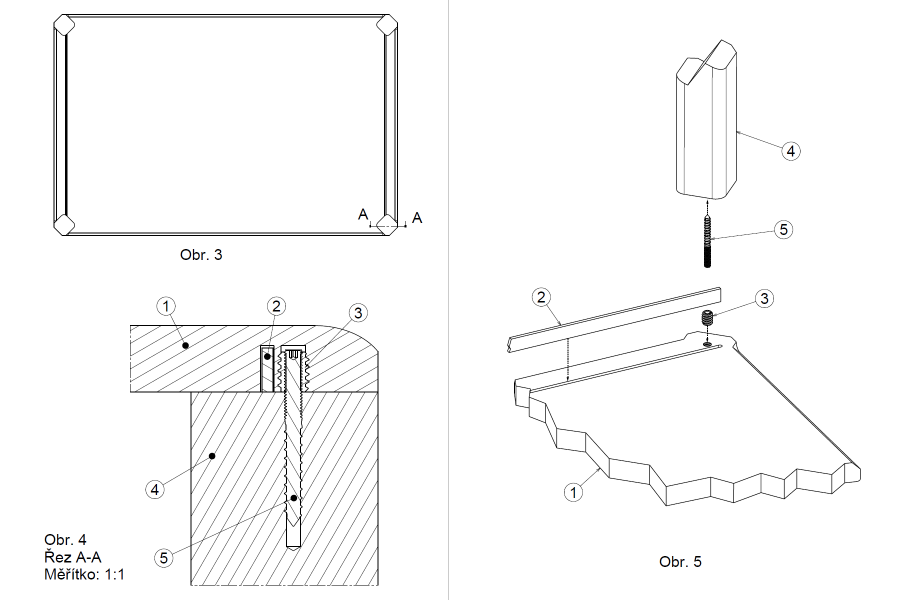 Technický výkres – půdorys, řez a detail uchycení nohy