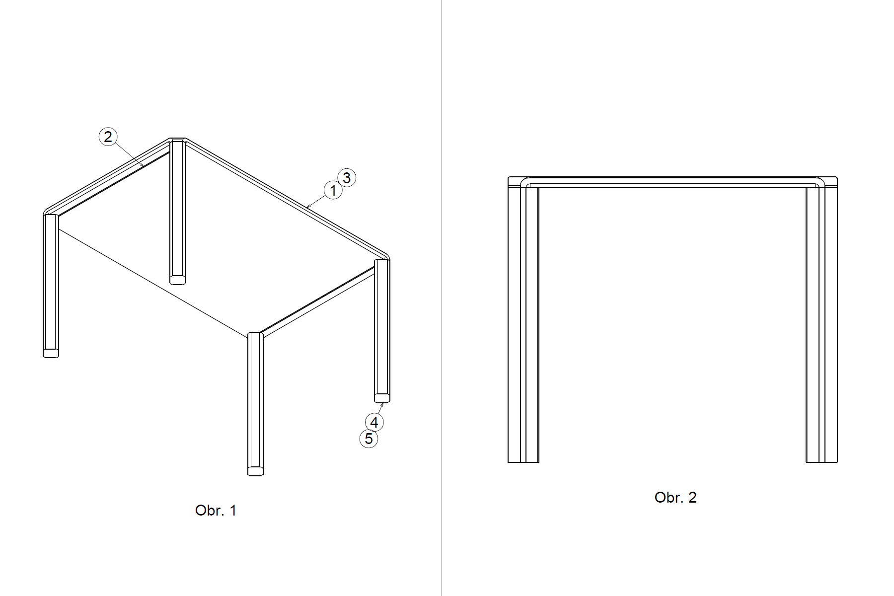 Technický výkres – celková perspektiva a čelní pohled na stůl