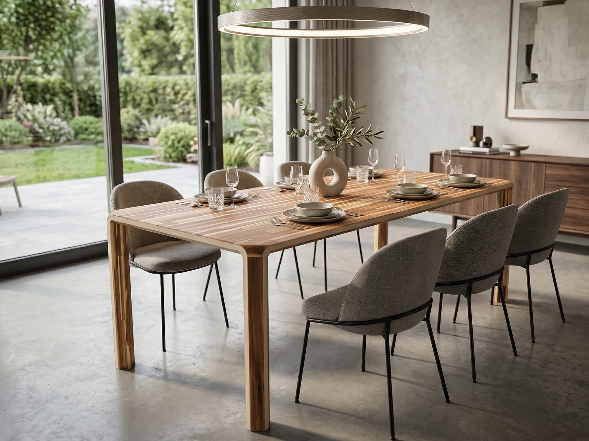 Stůl z akácie STŮL 45° v elegantní jídelně s moderními židlemi