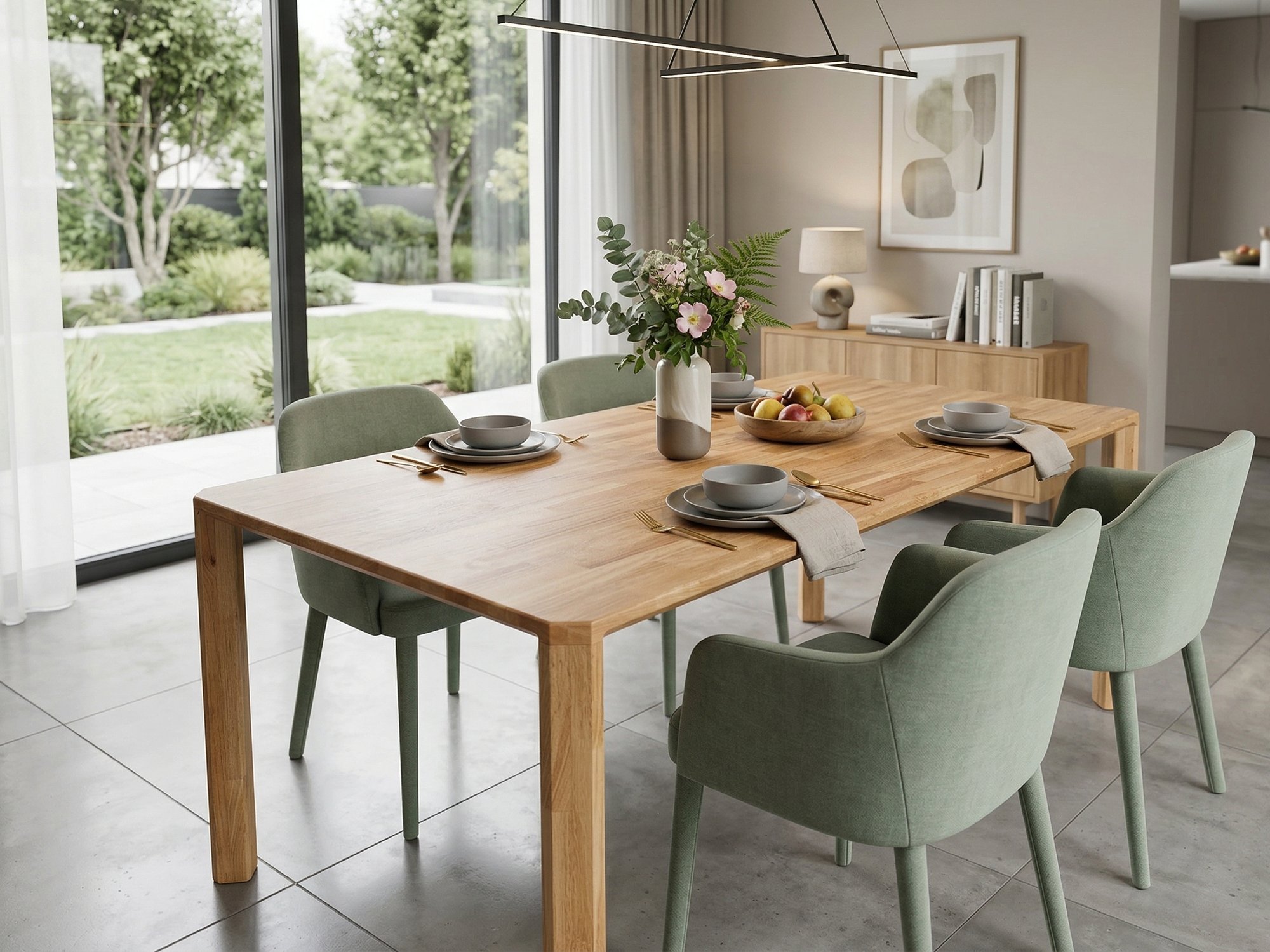 Dubový jídelní stůl STŮL 45° v prostorné jídelně se zelenými křesly