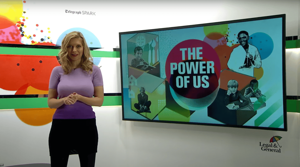 Broadcast studio with presenter and screens