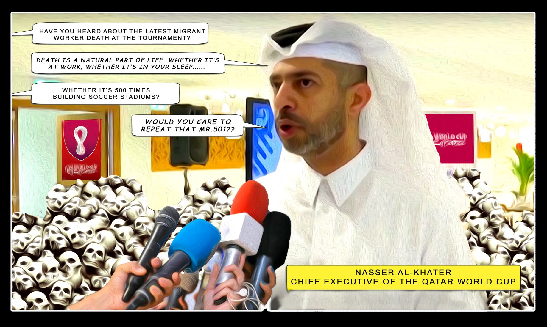 Qatar deaths — Polliedom cartoon by Peter Gillies
