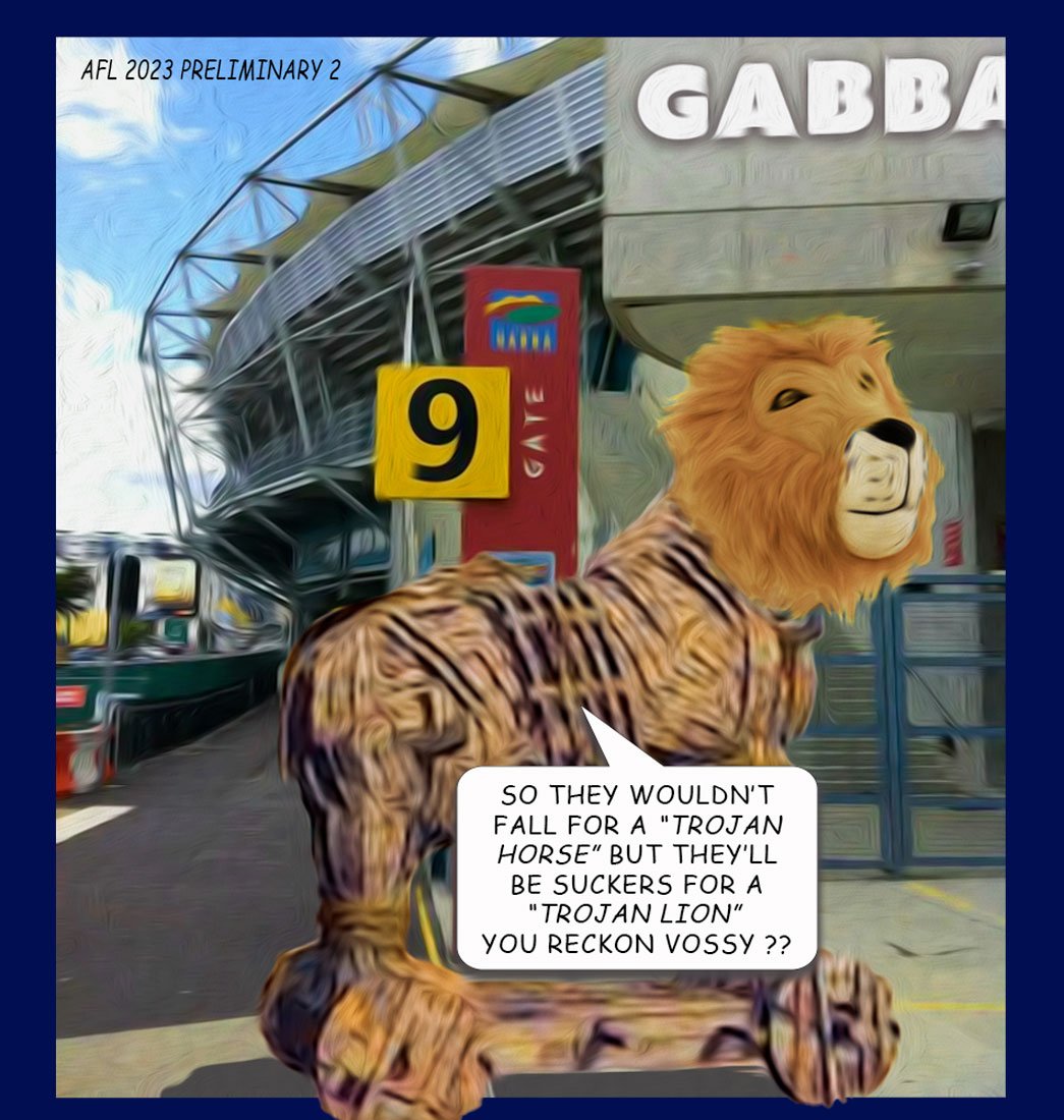 Prelim 02 Trojan Lion — Footy cartoon by Peter Gillies