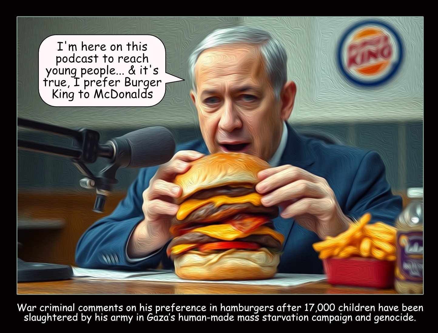 Netanyahu's Burger — Polliedom cartoon by Peter Gillies