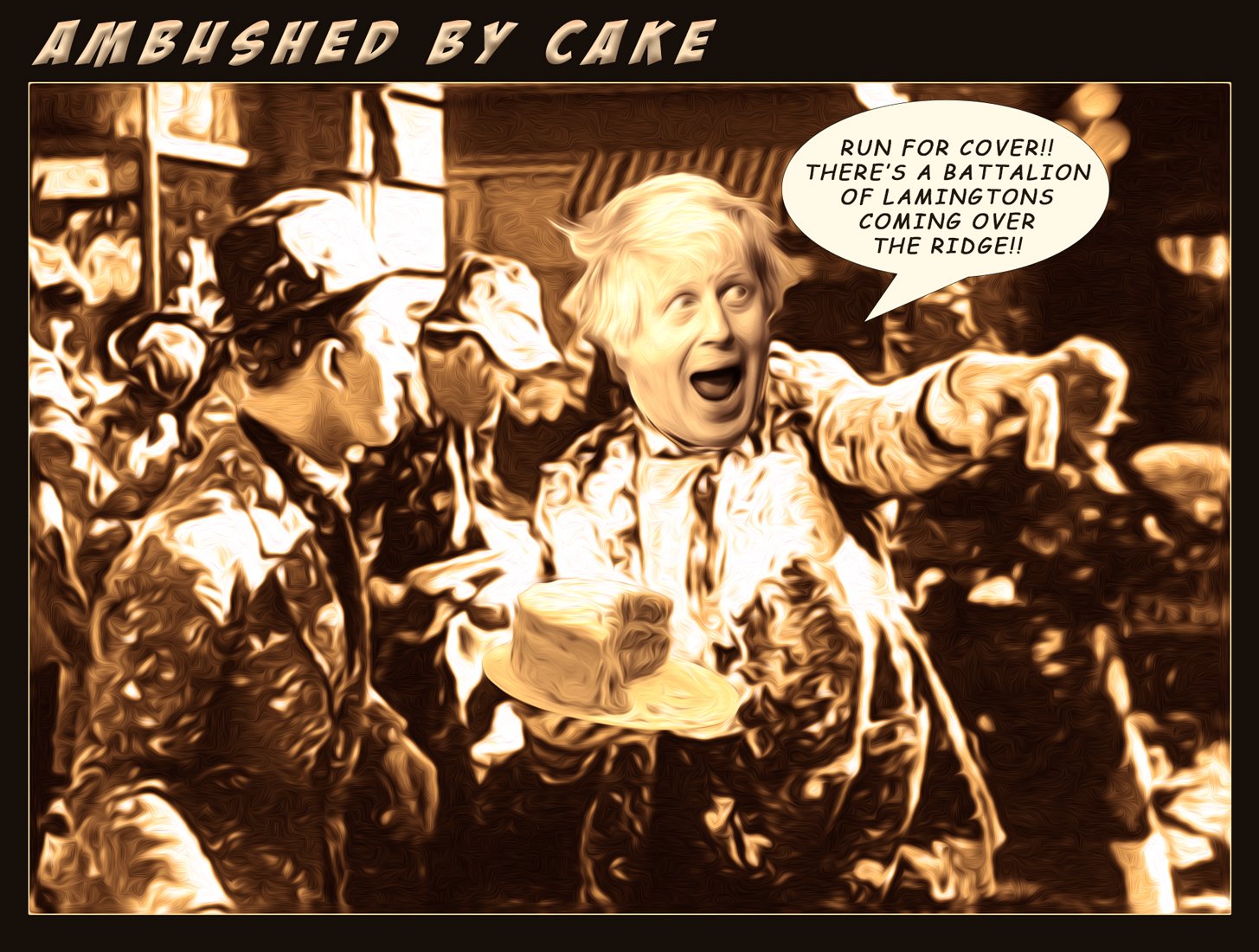 Ambushed by Cake — Polliedom cartoon by Peter Gillies