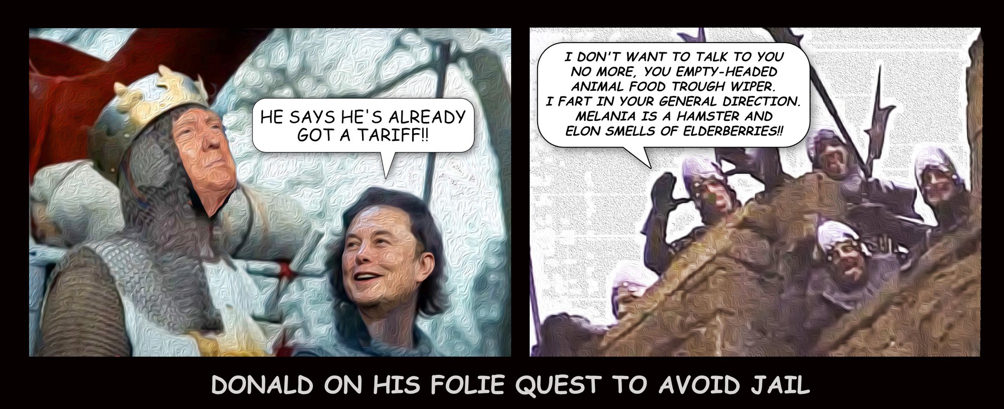 Folie Quest to Avoid Jail — Polliedom cartoon by Peter Gillies