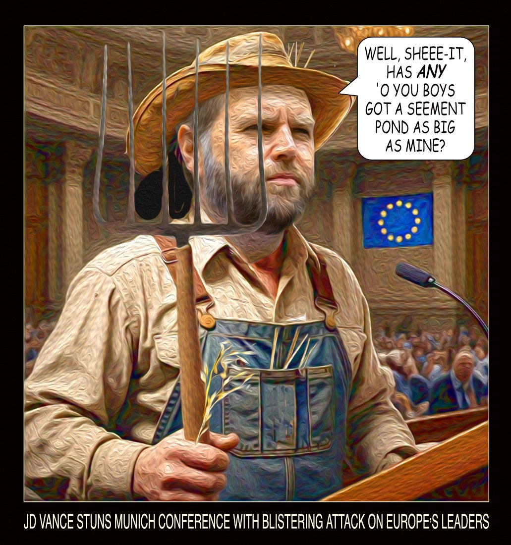 JD Vance Munich — Polliedom cartoon by Peter Gillies