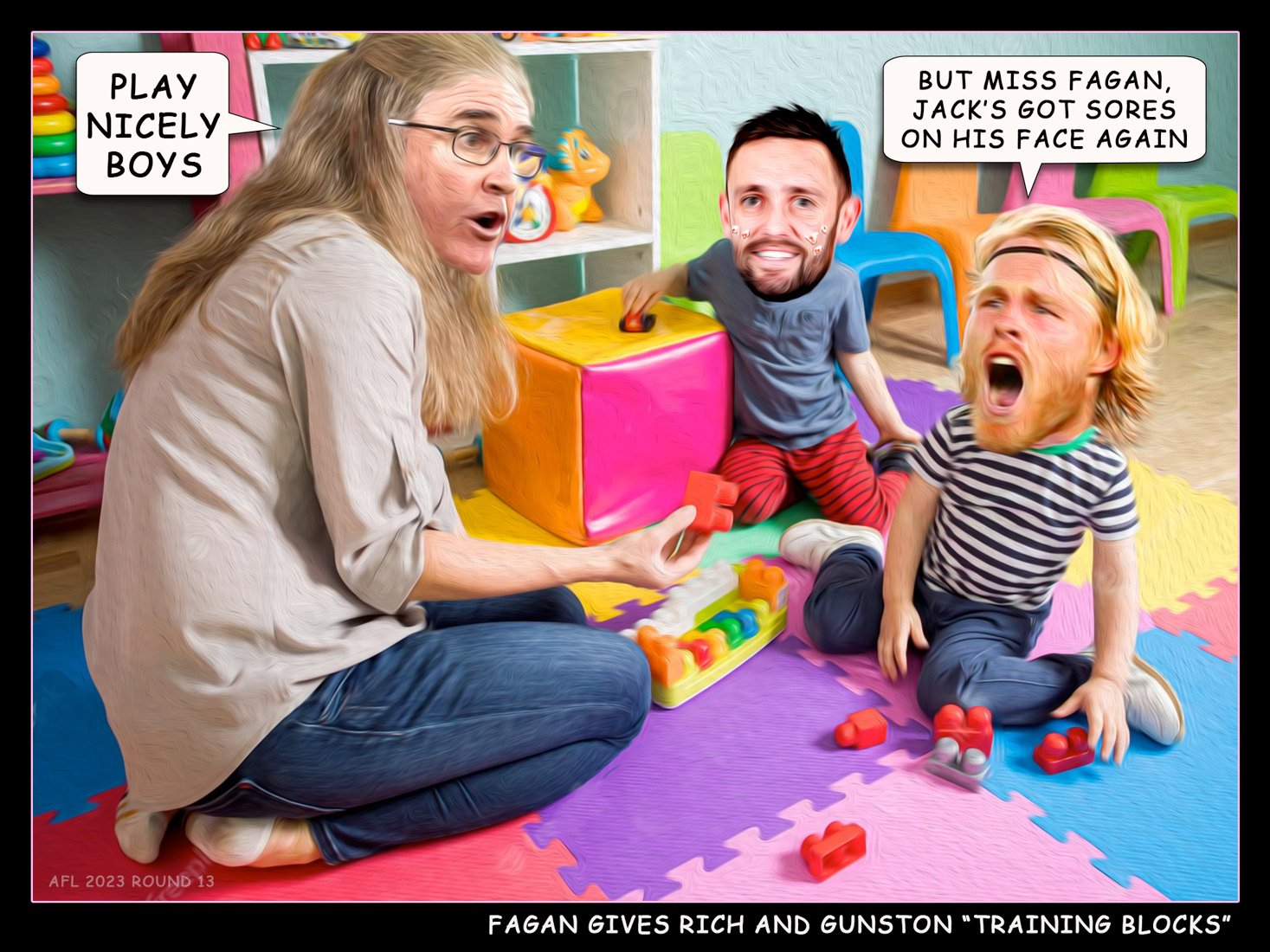 Training Blocks — Footy cartoon by Peter Gillies