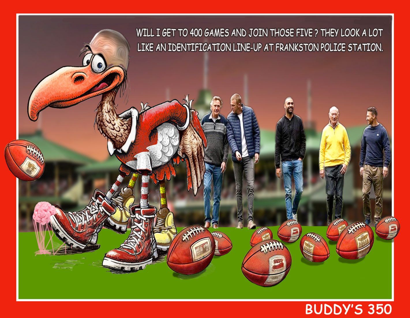 Buddy's 350 — Footy cartoon by Peter Gillies