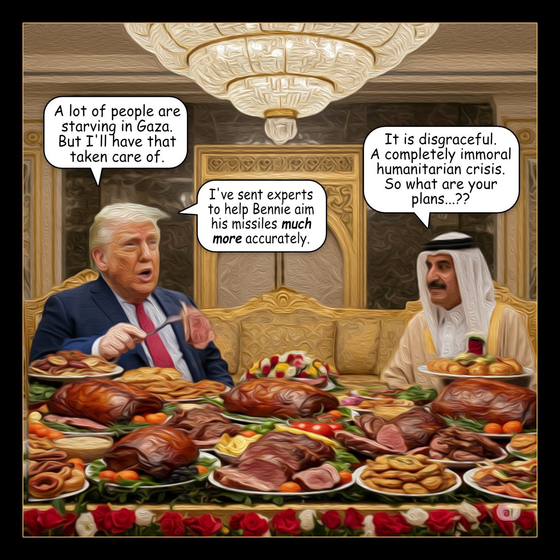 Starving In Gaza — Polliedom cartoon by Peter Gillies