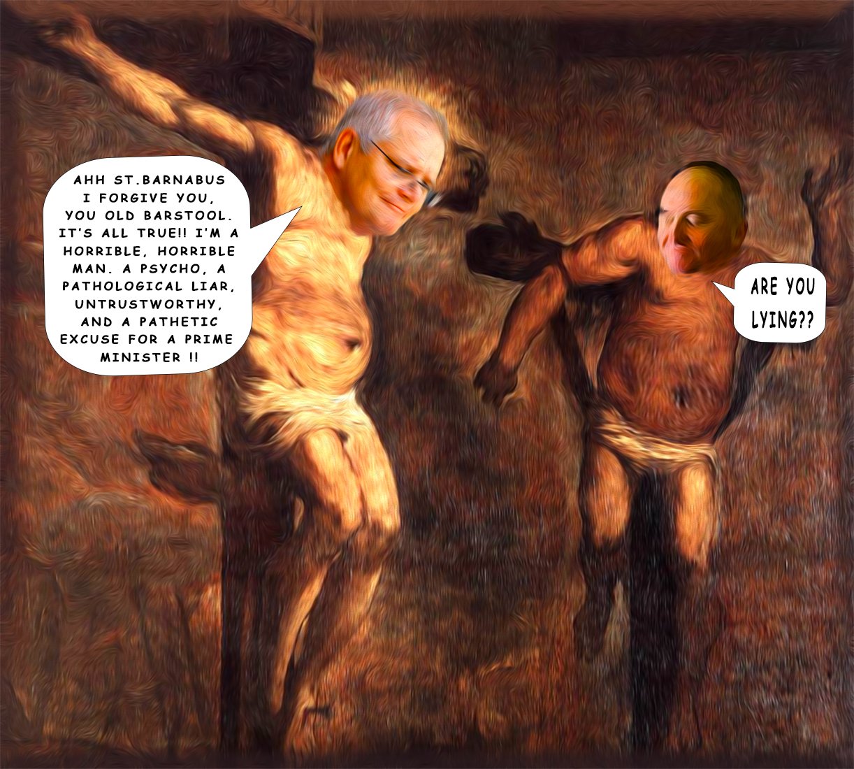 Lying on the Cross — Polliedom cartoon by Peter Gillies