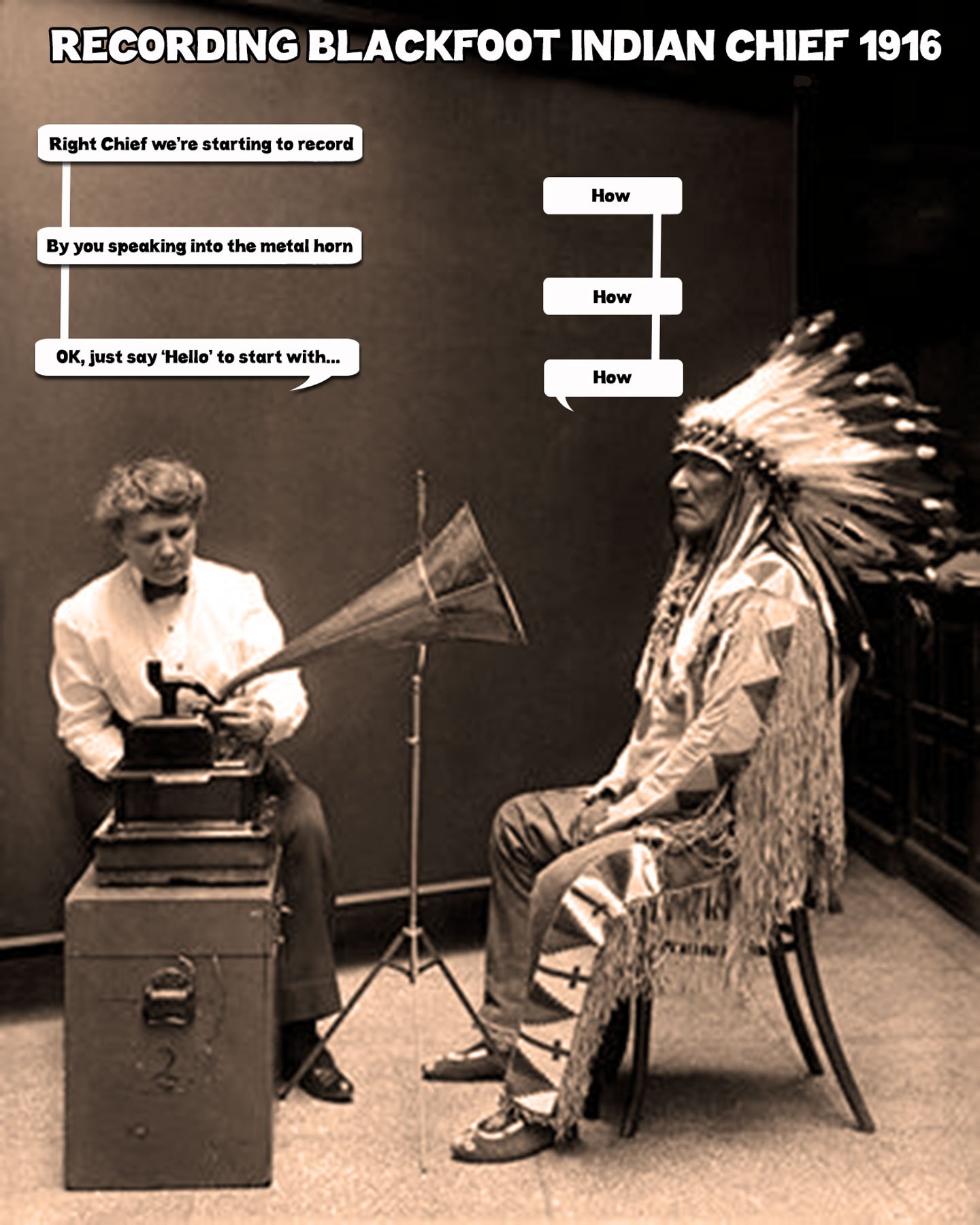 Recording Indian Chief — Recycled cartoon by Peter Gillies