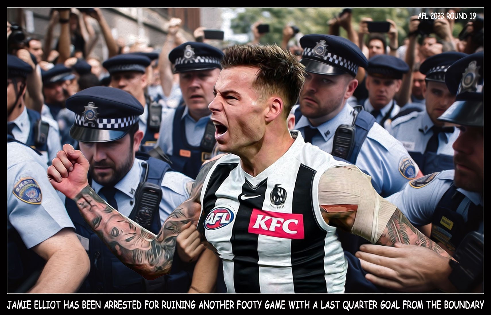 Elliot arrested — Footy cartoon by Peter Gillies