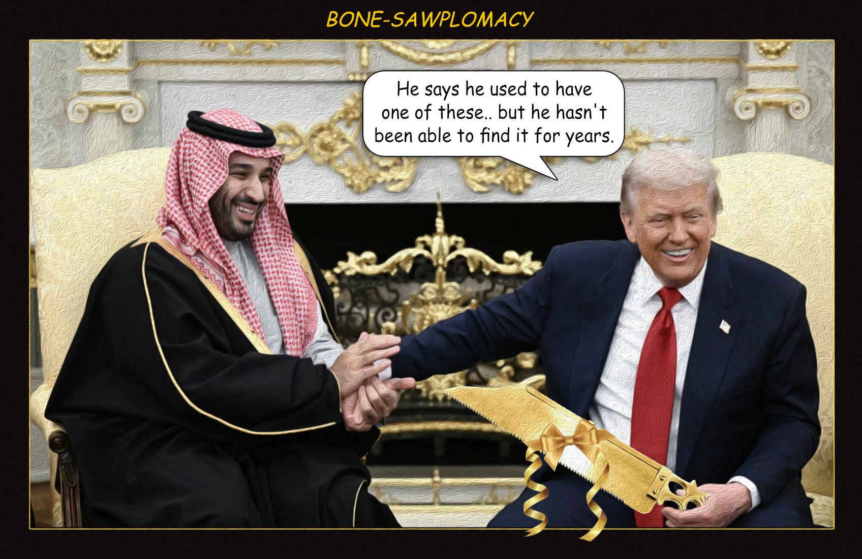 Bone Sawplomacy — Polliedom cartoon by Peter Gillies