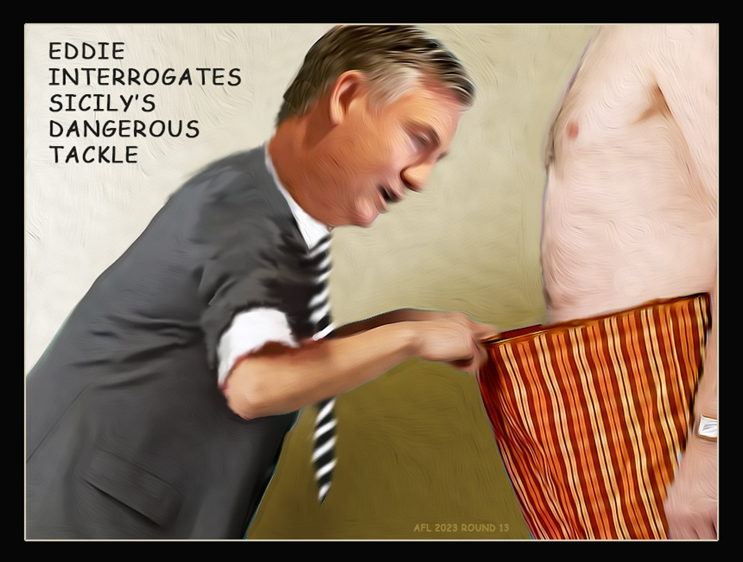 Dangerous Tackle — Footy cartoon by Peter Gillies