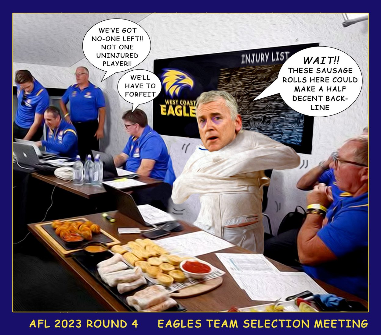 Eagle Sausage Rolls — Footy cartoon by Peter Gillies
