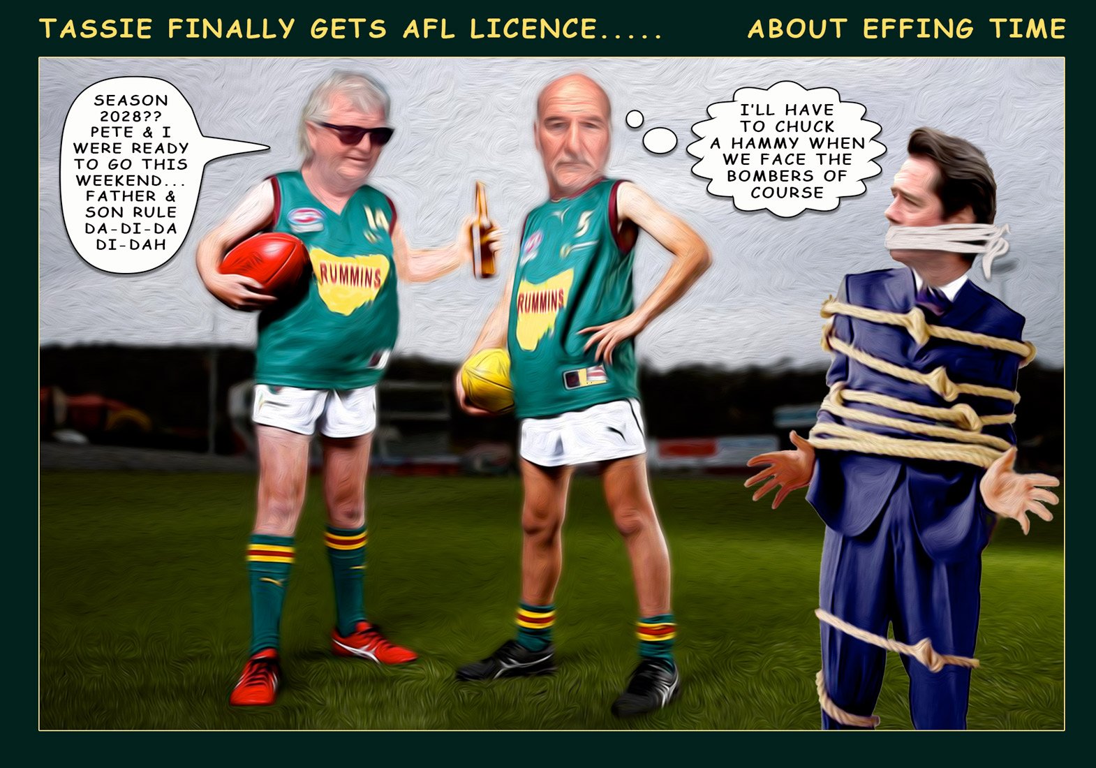 Tassie Licence — Footy cartoon by Peter Gillies