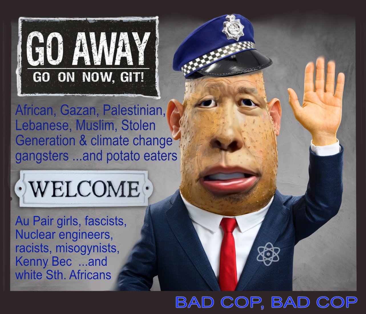 Bad Cop — Polliedom cartoon by Peter Gillies