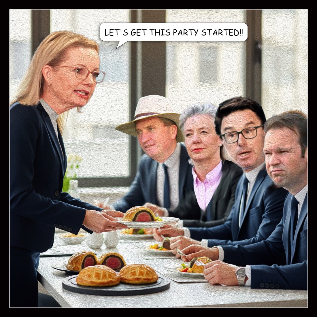Party Starter — Polliedom cartoon by Peter Gillies
