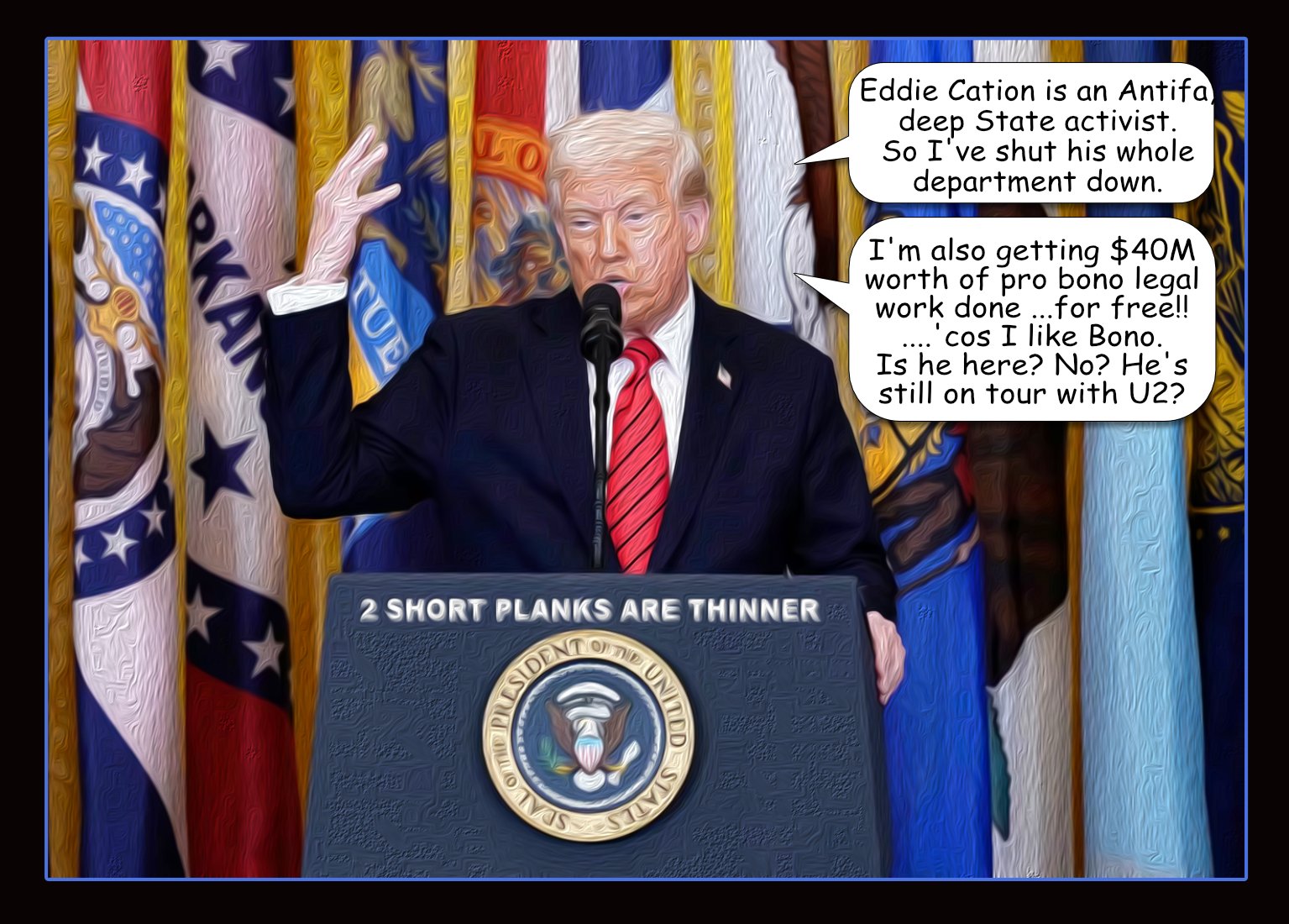 2 Short Planks are thinner — Polliedom cartoon by Peter Gillies