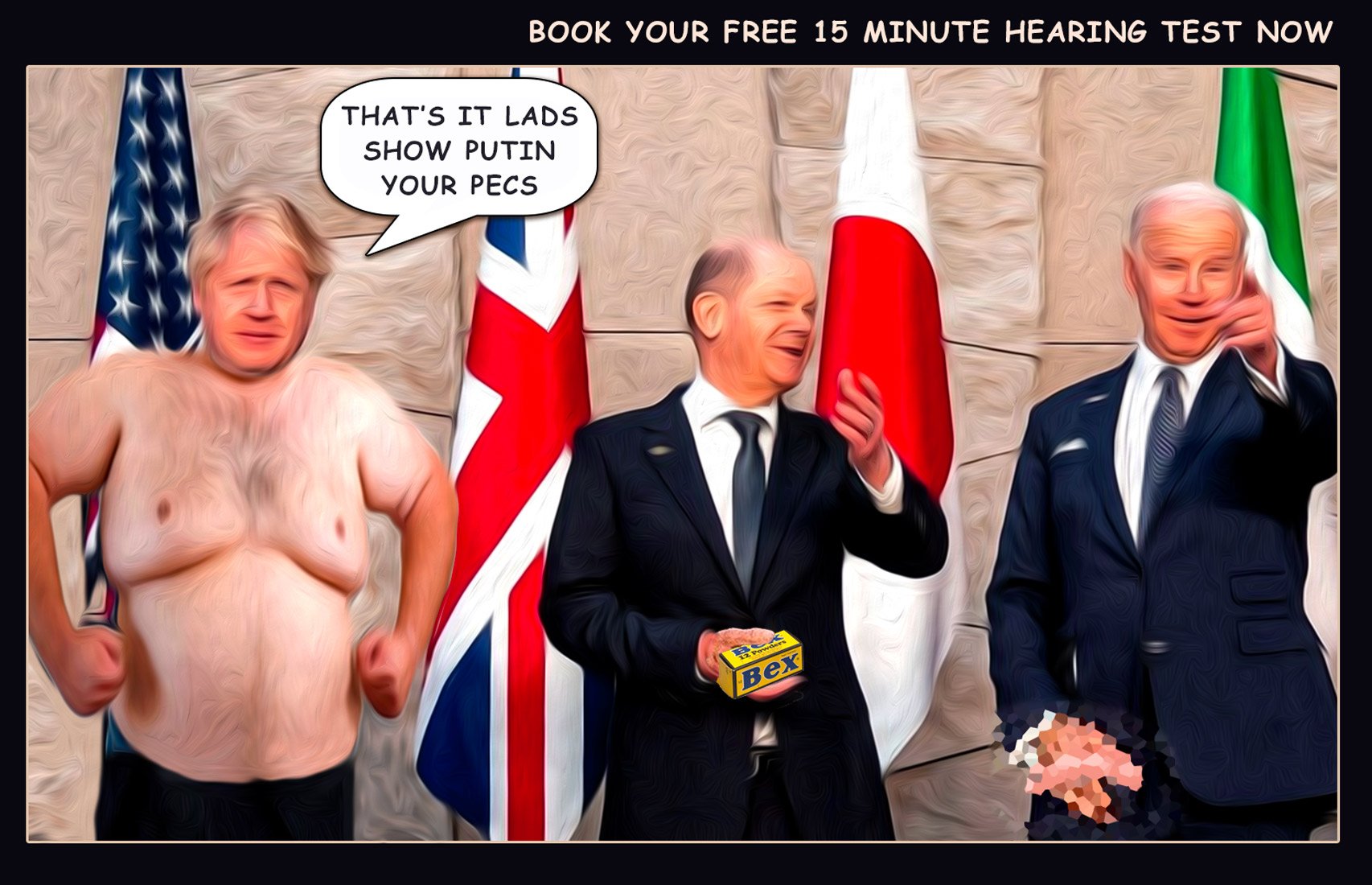 G7 Hearing Test — Polliedom cartoon by Peter Gillies