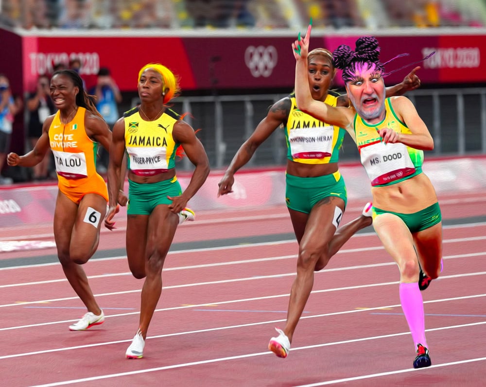 2021 Olympics Womens100 — Others cartoon by Peter Gillies