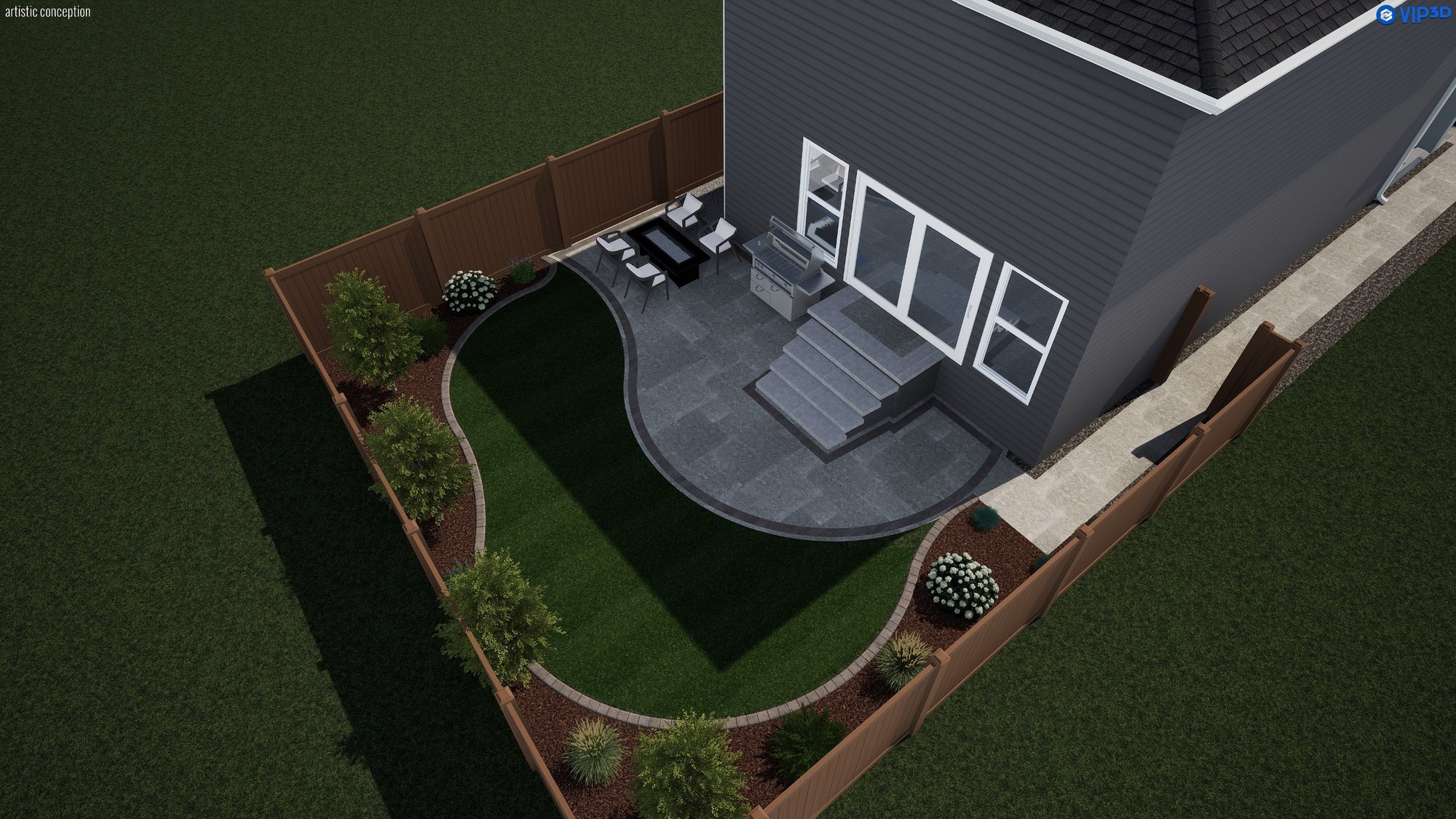 3D landscape design render for 48 Magnolia Green SE: curved paver patio with outdoor dining, built-in grill area, stone steps and perimeter garden beds, Calgary