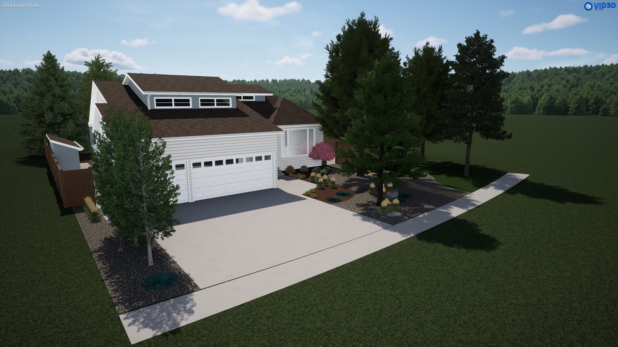 3D landscape design render for 1019 Lake Placid Drive: front yard and driveway area with planting scheme and softscape plan, Calgary