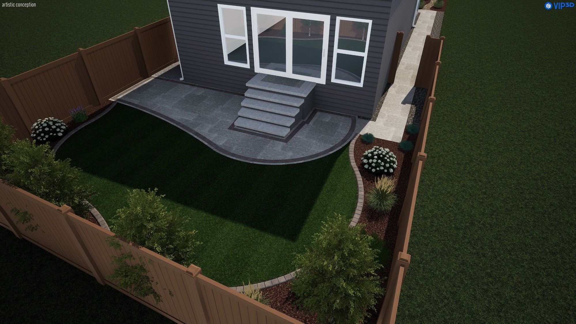 3D landscape design render for 48 Magnolia Green SE: backyard with paver patio, deck, lawn and perimeter planting beds, Calgary