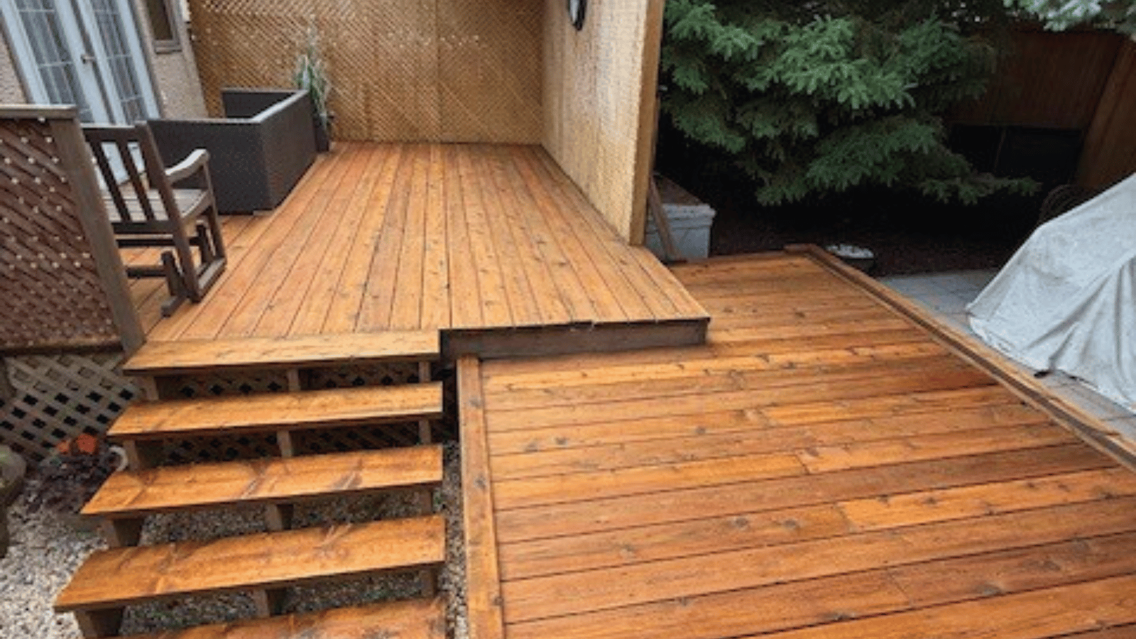 Freshly stained wood deck