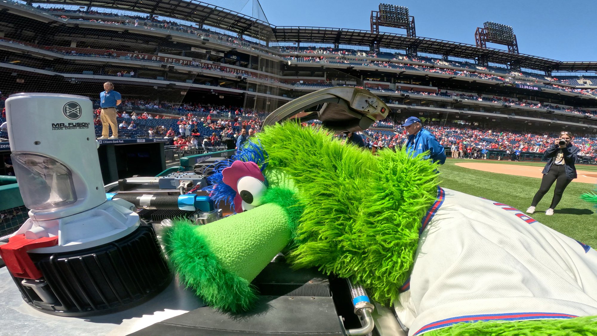 Mr. Fusion detail on the DeLorean Time Machine with Phillies Phanatic