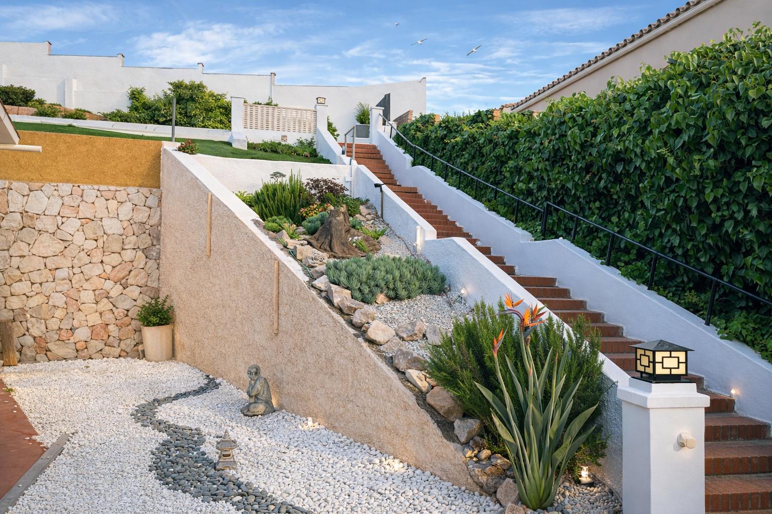 Jardín zen con escaleras y plantas tropicales
