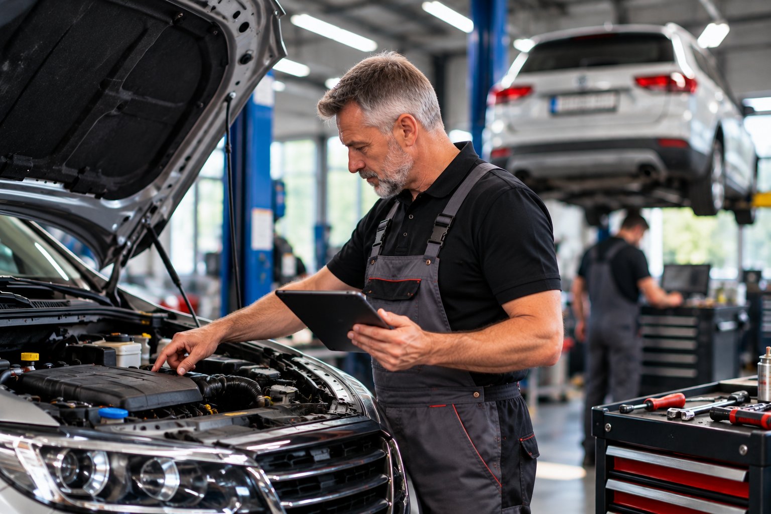 Automechanik při kontrole vozu s tabletem