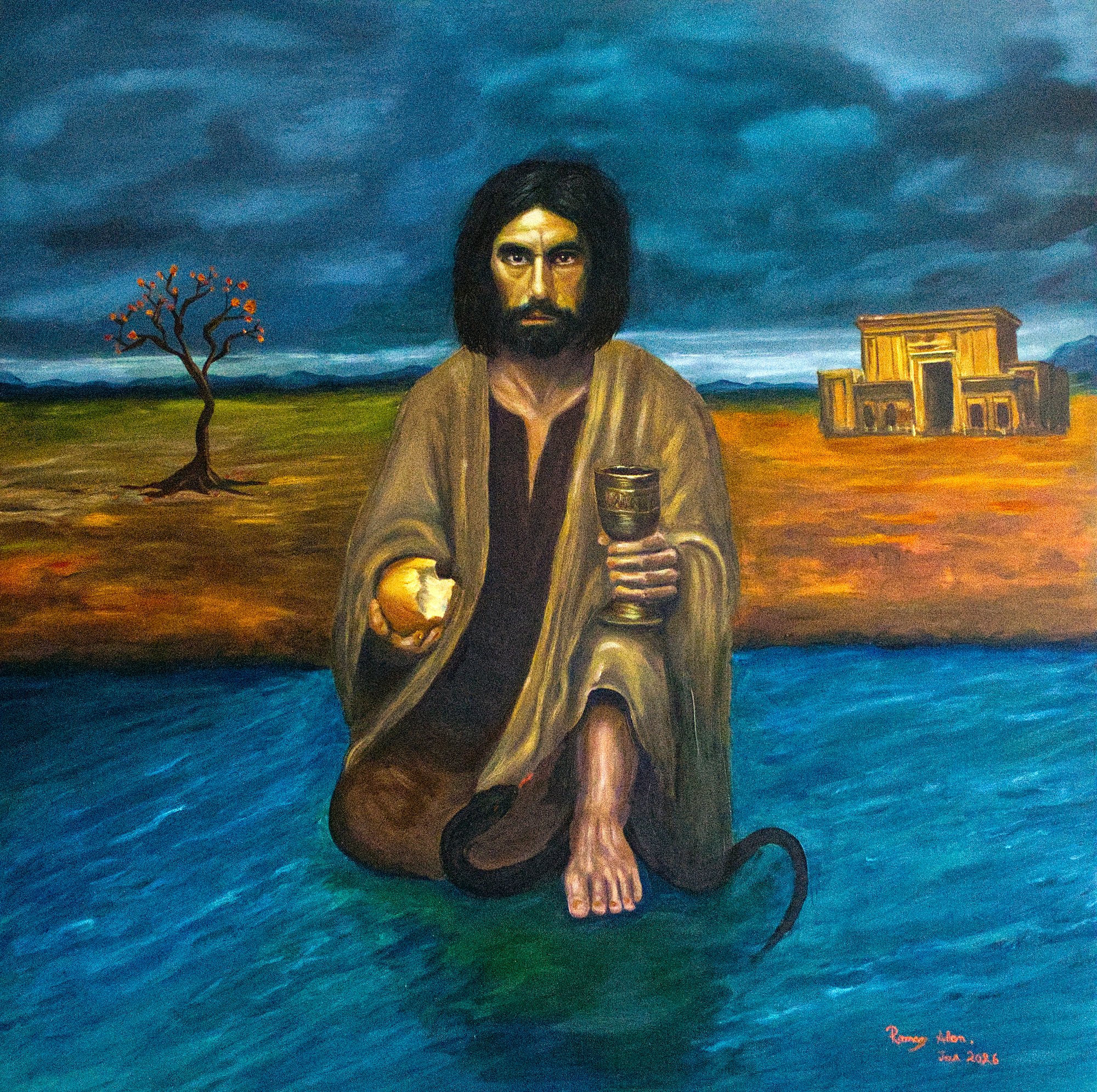 Cup of Redemption — Defeating the Serpent — Oil on canvas, 2026 — Ramsay Allan