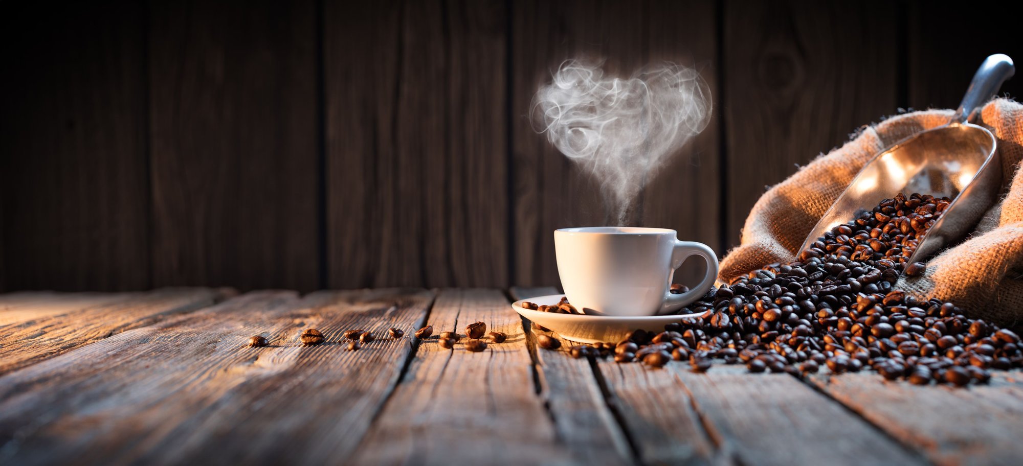 Steaming coffee cup with heart-shaped steam rising above scattered coffee beans on rustic dark wood