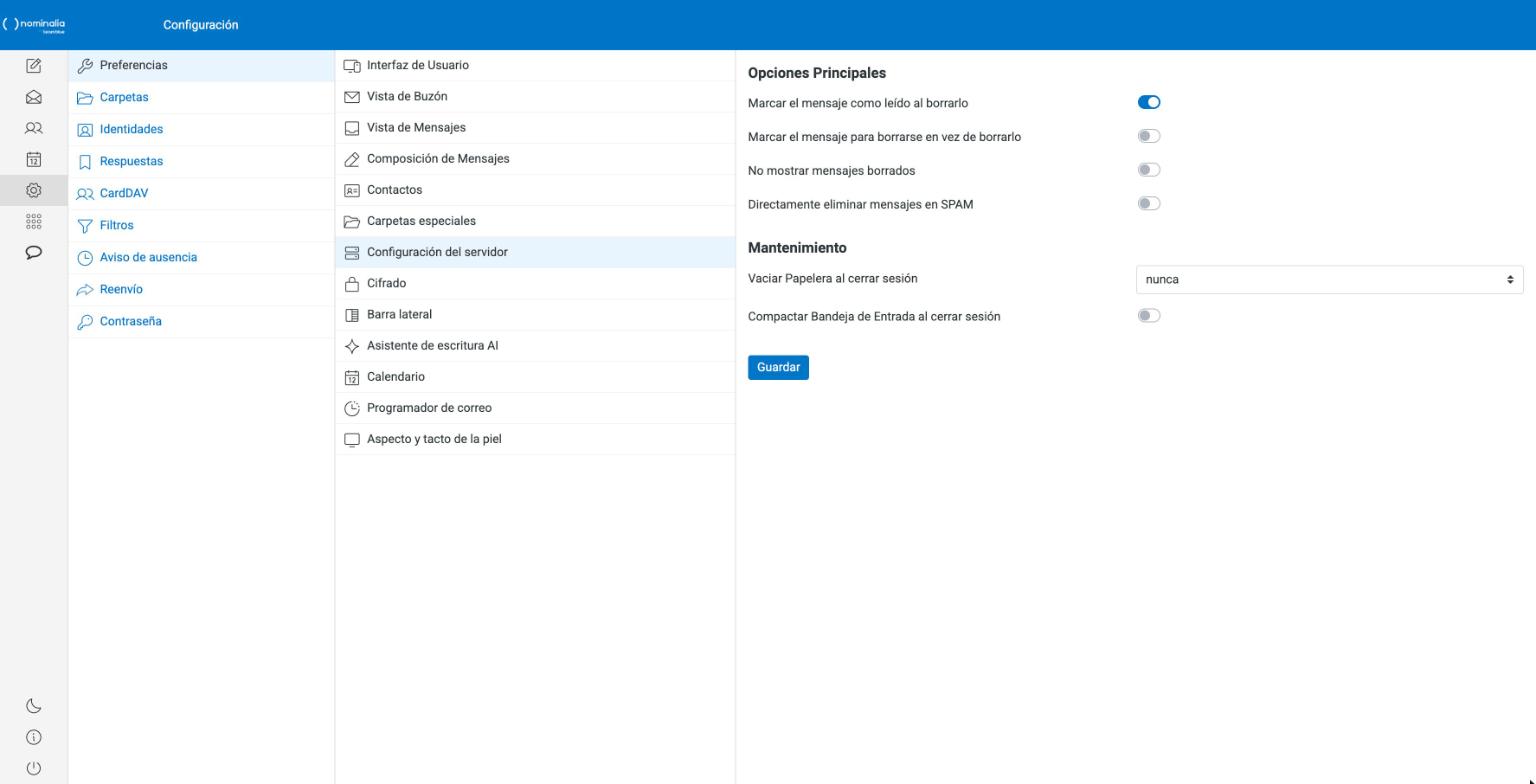 Captura real del submenú Configuración del servidor de las preferencias del webmail