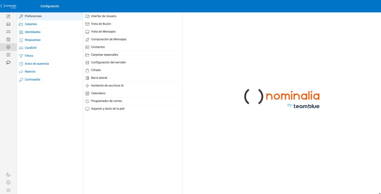 Captura real de la página de Configuración del webmail con el menú Preferencias y la lista completa de submenús