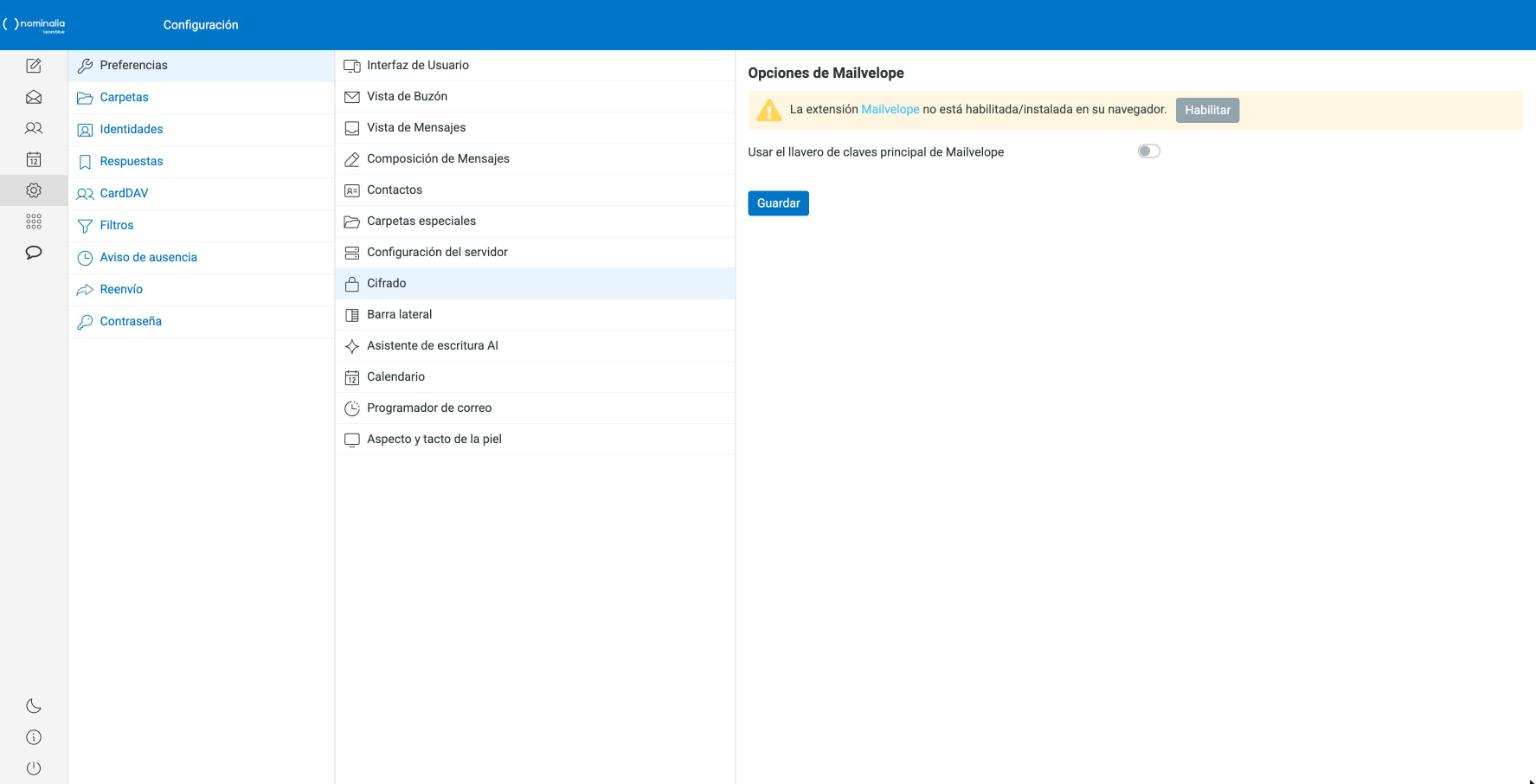 Captura real del submenú Cifrado de las preferencias del webmail