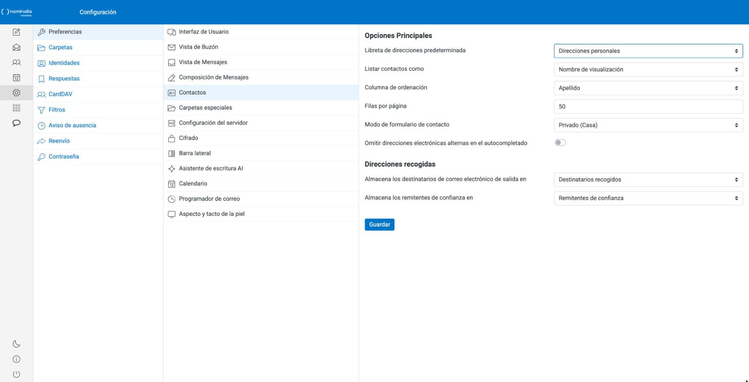Captura real del submenú Contactos de las preferencias del webmail