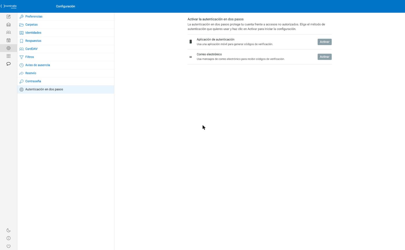 Captura real de Configuración → Autenticación en dos pasos con los métodos Aplicación de autenticación y Correo electrónico