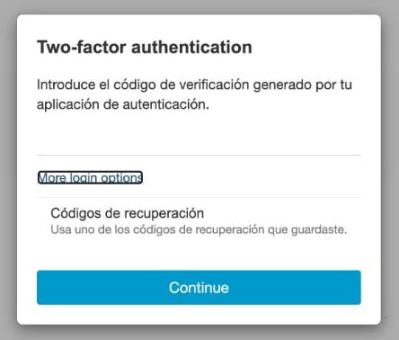 Captura real de la ventana Two-factor authentication con el campo del código y la opción Códigos de recuperación