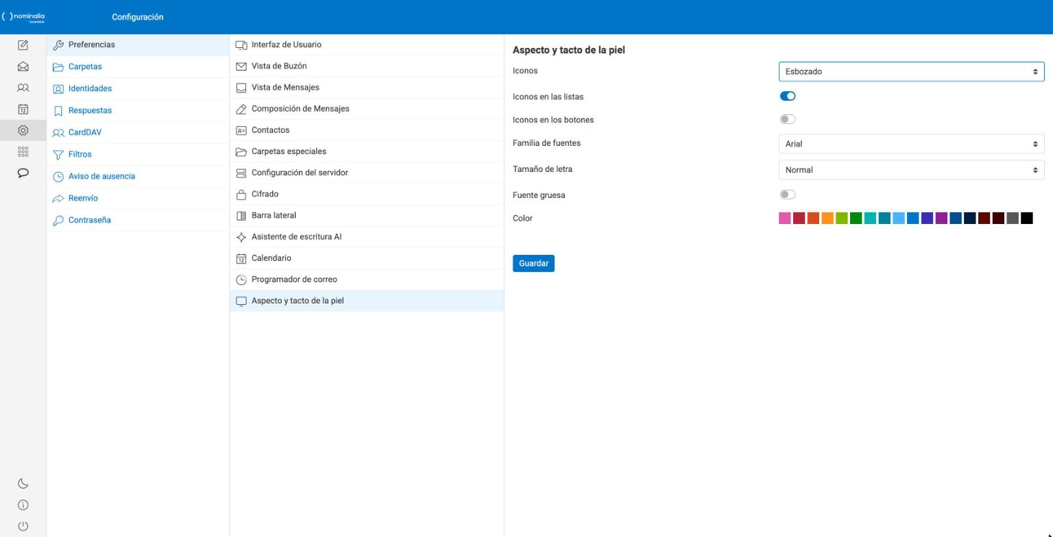 Captura real del submenú Aspecto y tacto de la piel de las preferencias del webmail