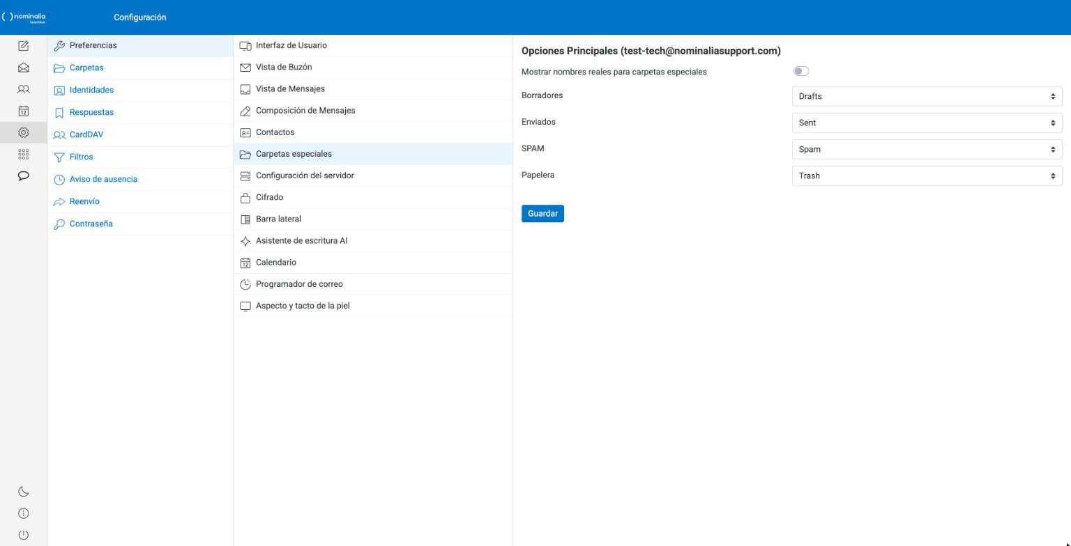 Captura real del submenú Carpetas especiales de las preferencias del webmail
