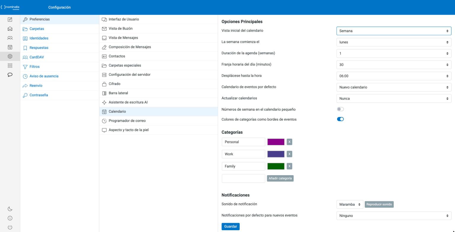 Captura real del submenú Calendario de las preferencias del webmail