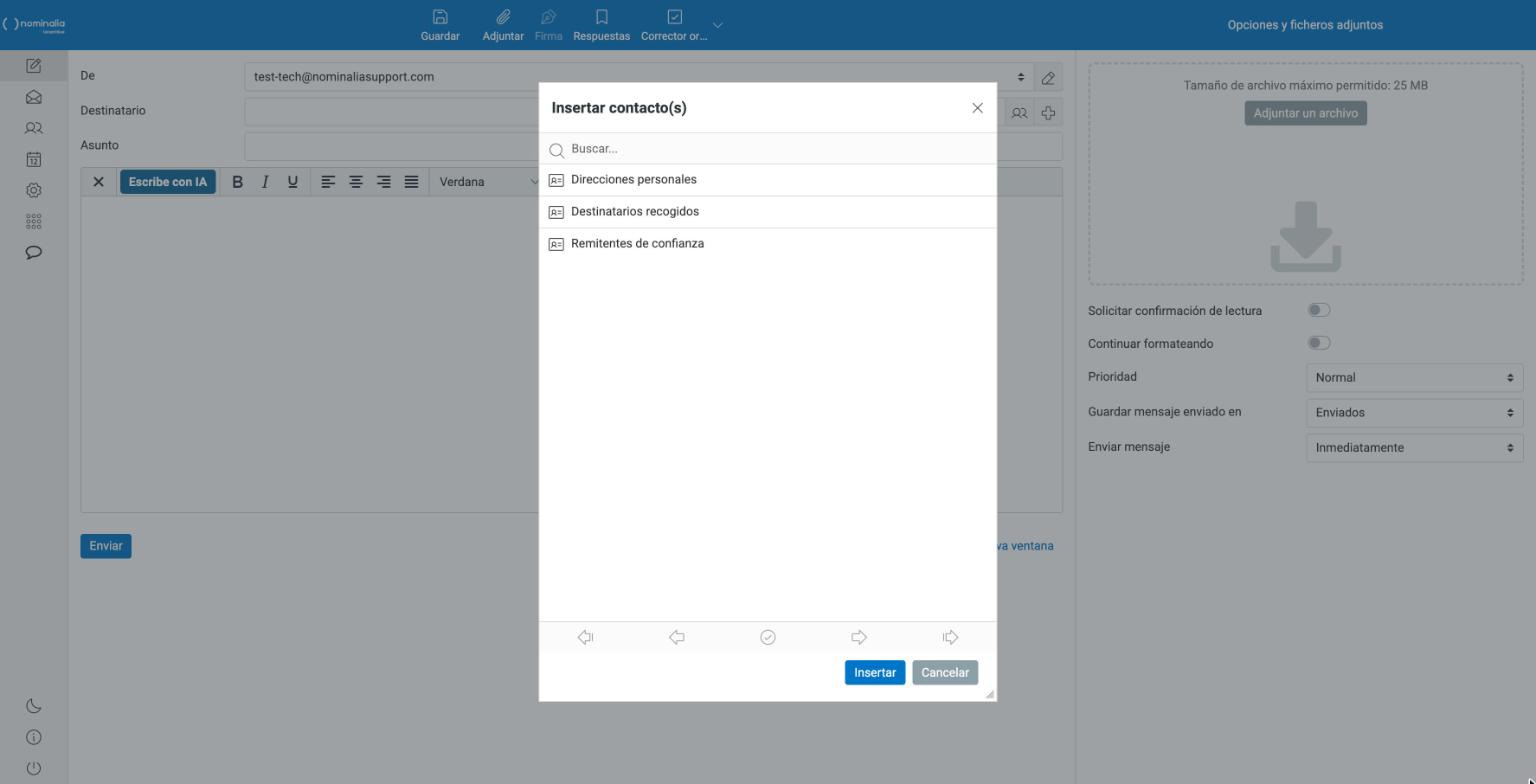 Captura real del selector Insertar contacto(s) con Direcciones personales, Destinatarios recogidos y Remitentes de confianza