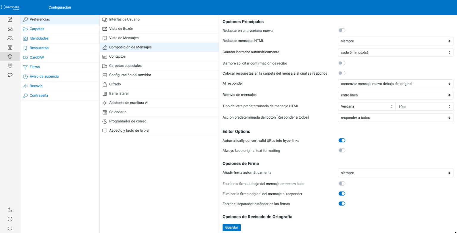 Captura real del submenú Composición de Mensajes de las preferencias del webmail