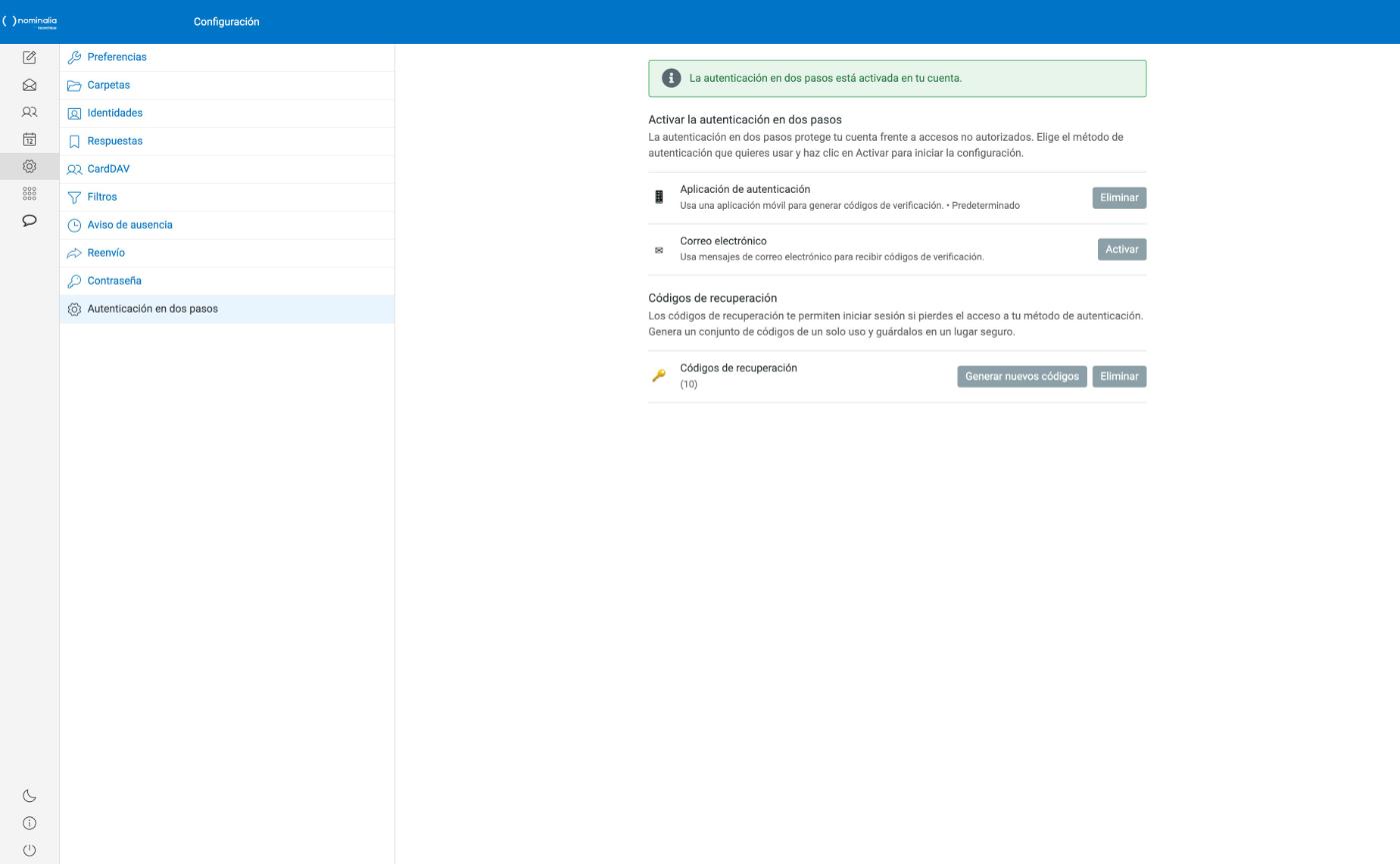 Captura real de la página con el 2FA activado, los botones Eliminar y el apartado Códigos de recuperación