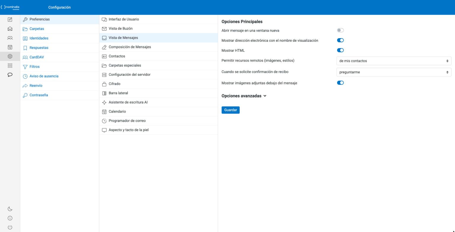 Captura real del submenú Vista de Mensajes de las preferencias del webmail