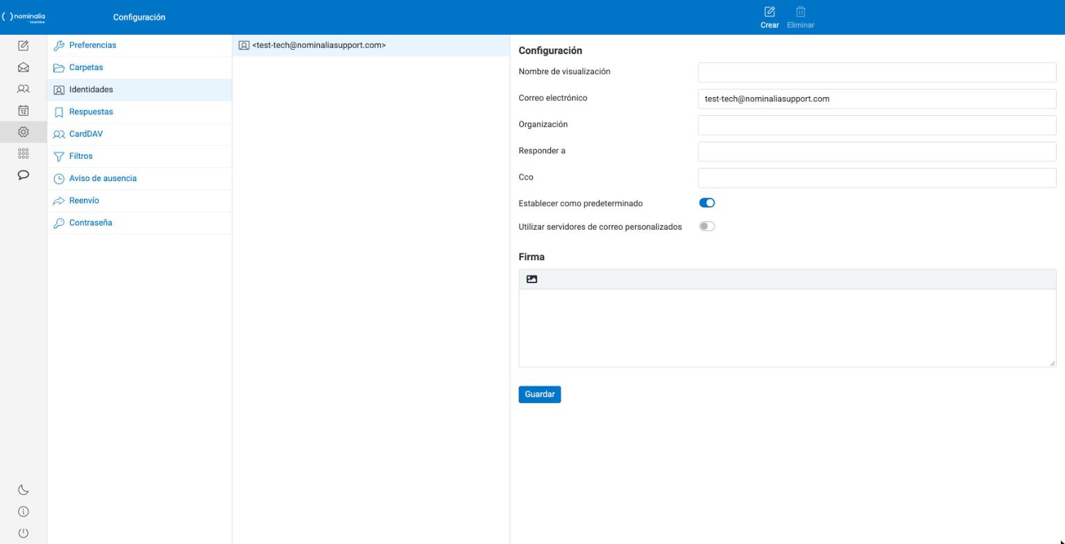 Captura real de Configuración → Identidades con los datos del remitente y el editor de Firma